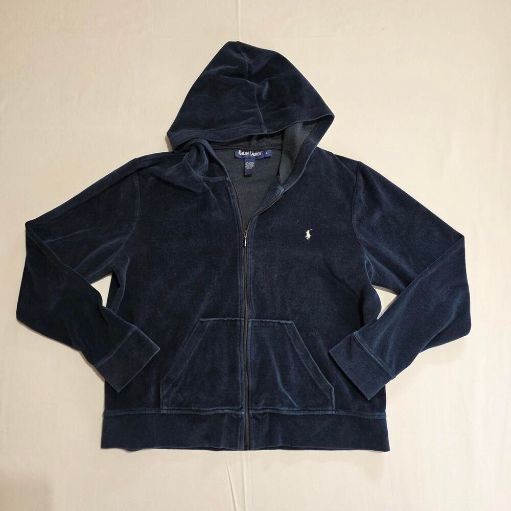 Ralph Lauren deep turquoise/navy color Velvet Zip Up Hoodie pony logo size Large